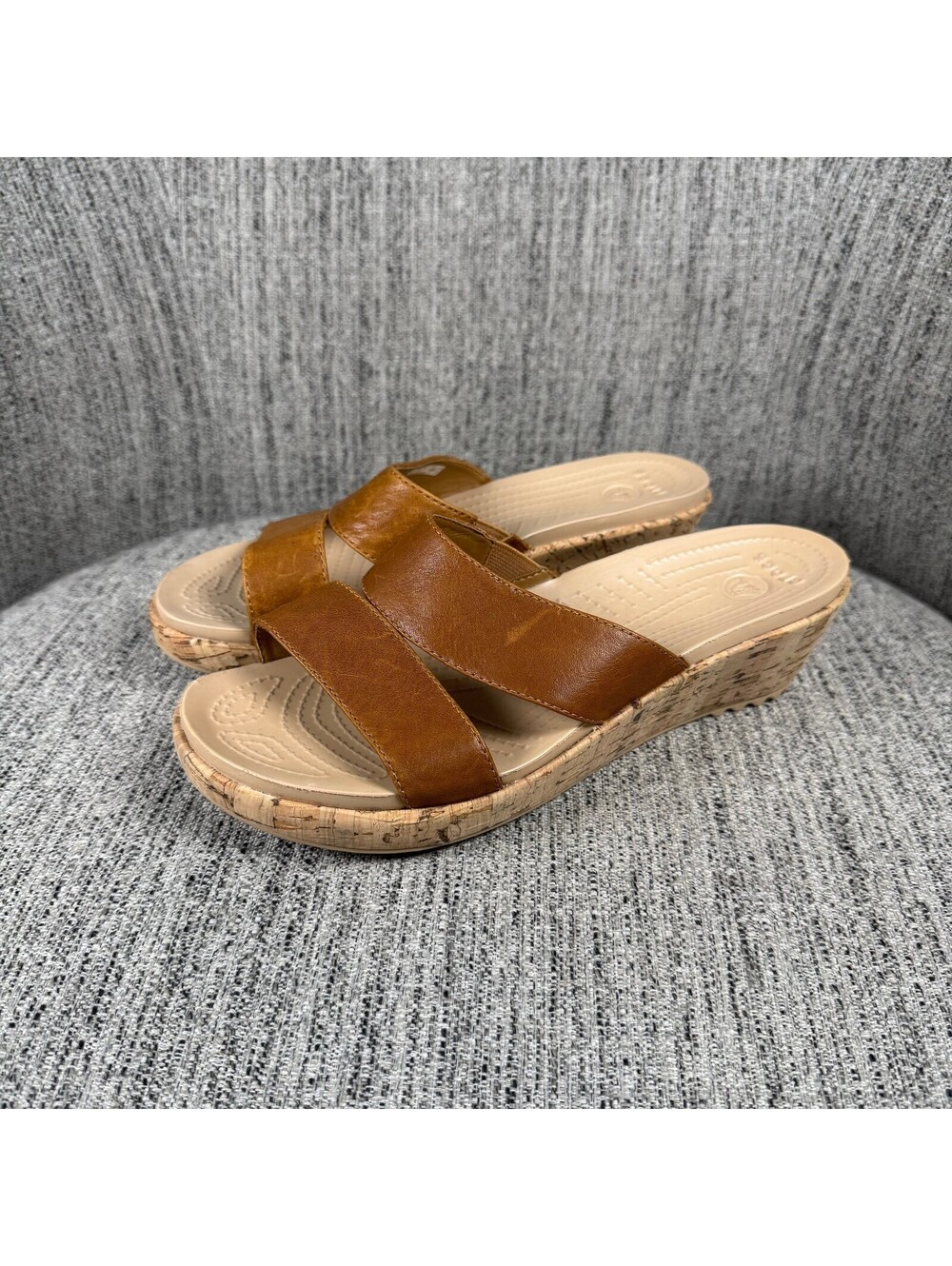 Crocs A-Leigh Women's Brown Leather Mini Wedge Cork Sandals Slip on Size 8
